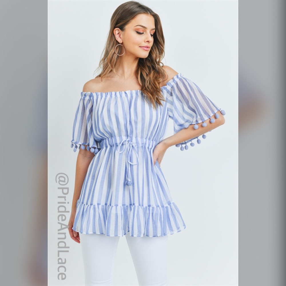 LAST 1️⃣ BLUE STRIPES OFF THE SHOULDER TOP